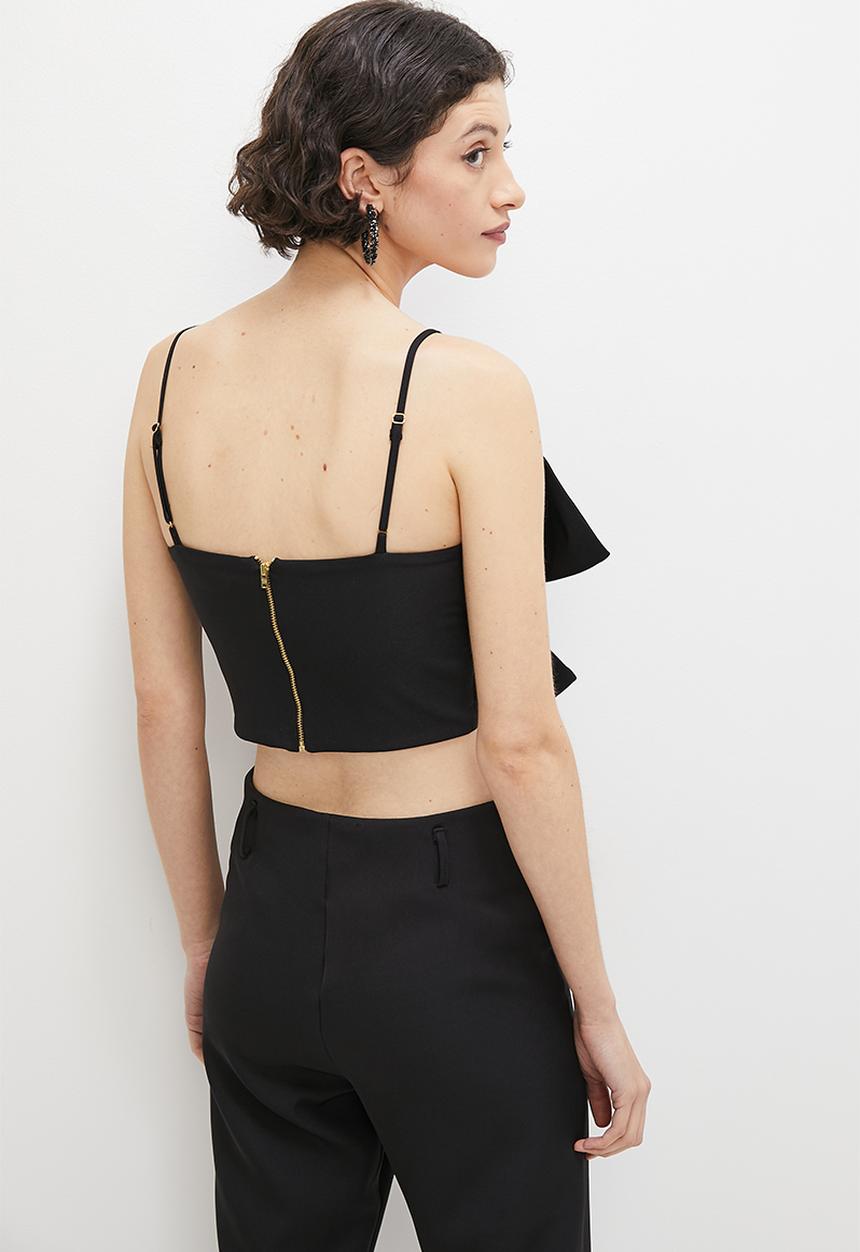 VELVET - Bow front corset cropped top - black