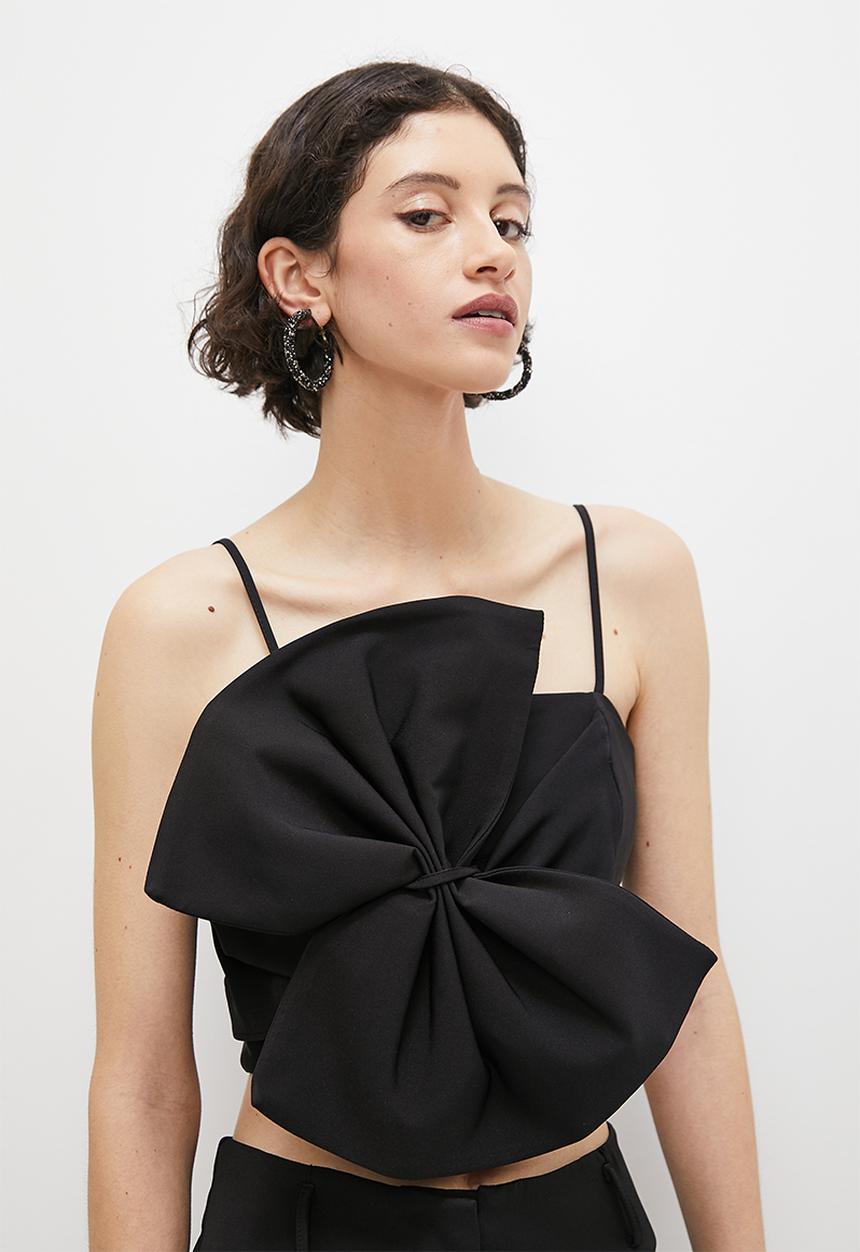 VELVET - Bow front corset cropped top - black