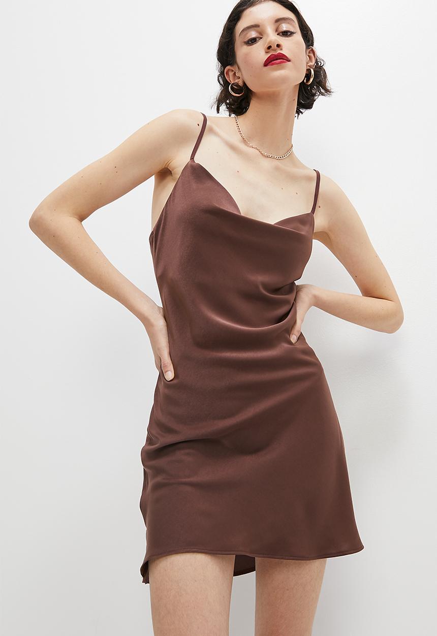 VELVET - Satin cowl neck mini slip dress - chocolate