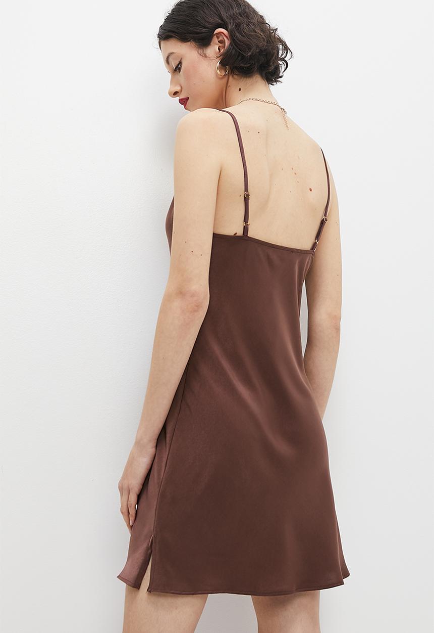 VELVET - Satin cowl neck mini slip dress - chocolate