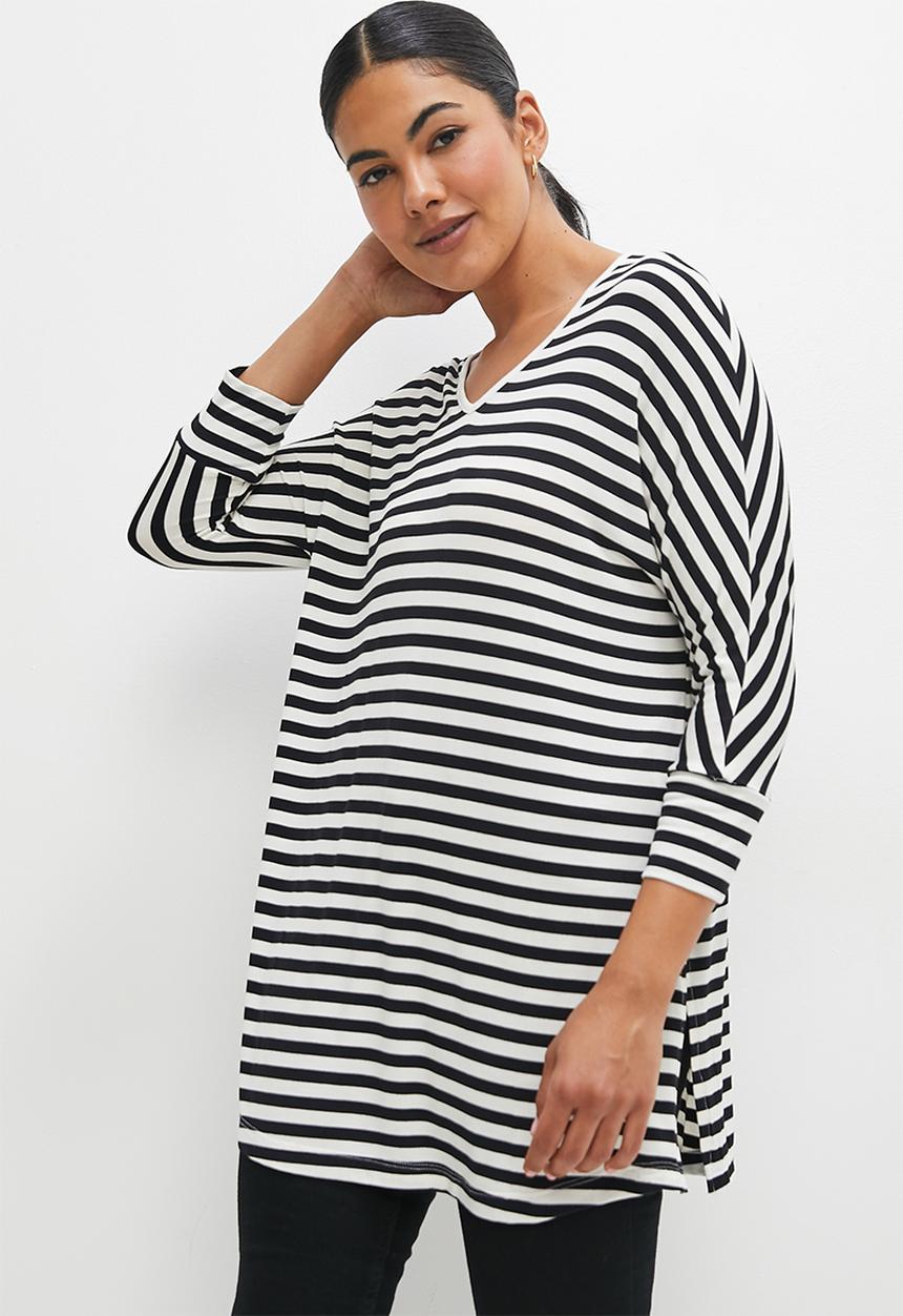 edit - V-neck striped longline tee - black & milk