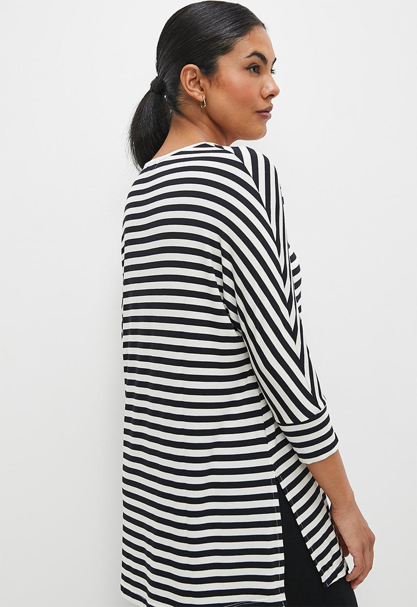 edit - V-neck striped longline tee - black & milk