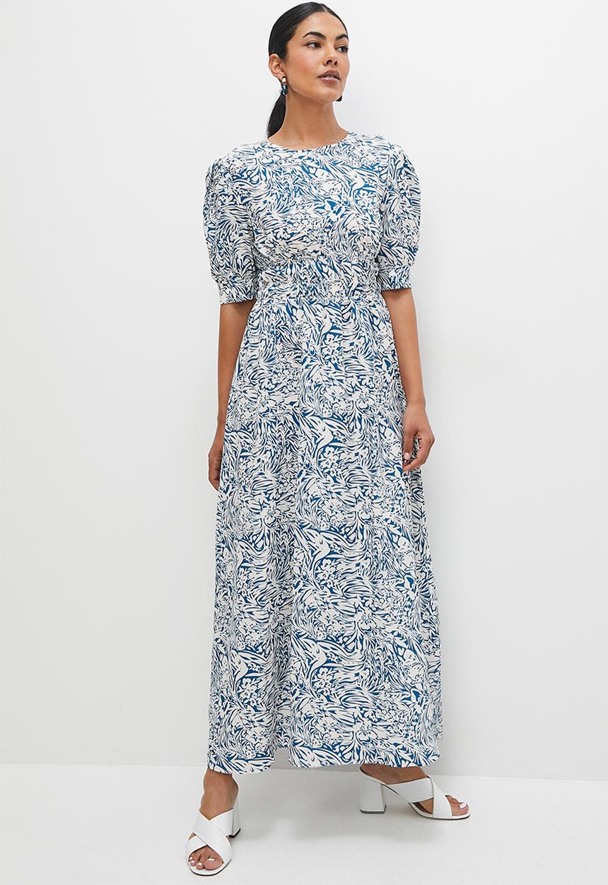 edit - Pleat detail volume sleeve maxi - blue abstract