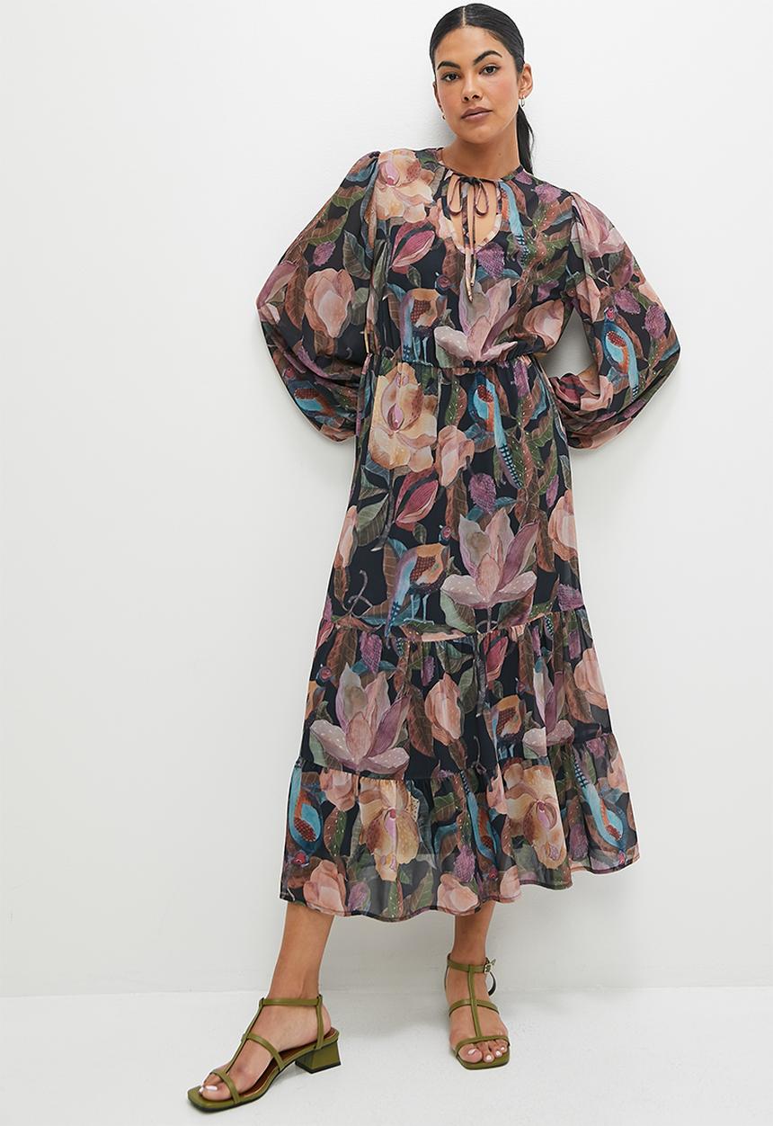 edit - Balloon sleeve tiered midi - birds of paradise