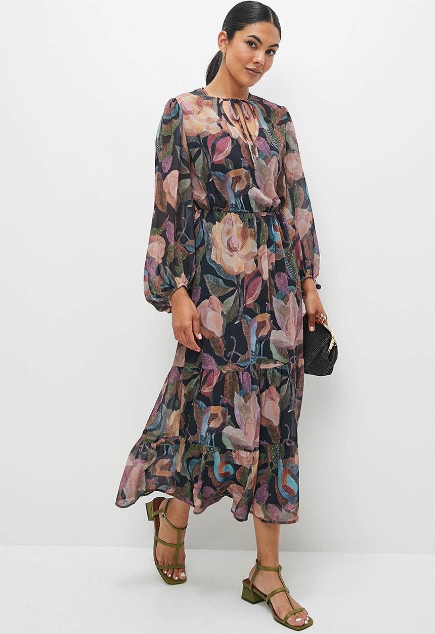 edit - Balloon sleeve tiered midi - birds of paradise
