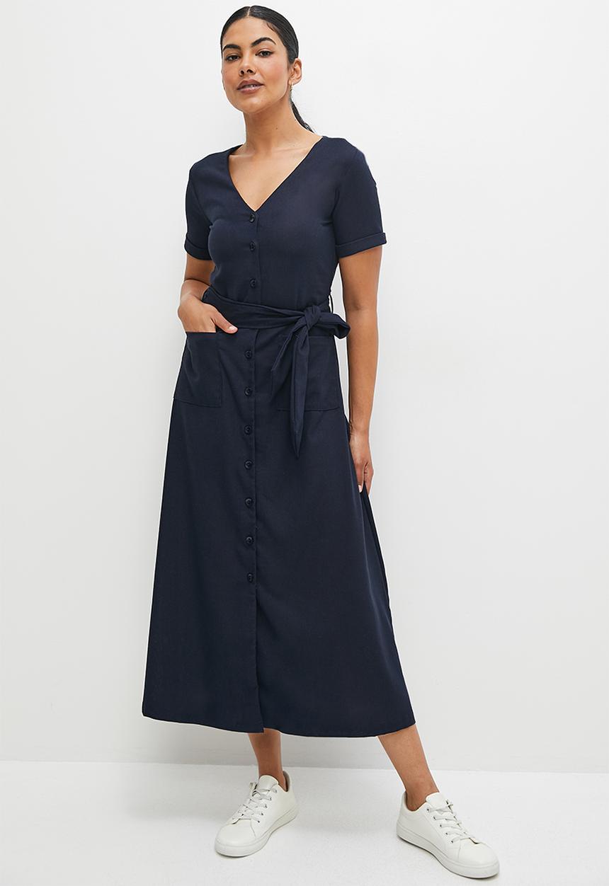 edit - Button down linen fit & flare midi dress - ink