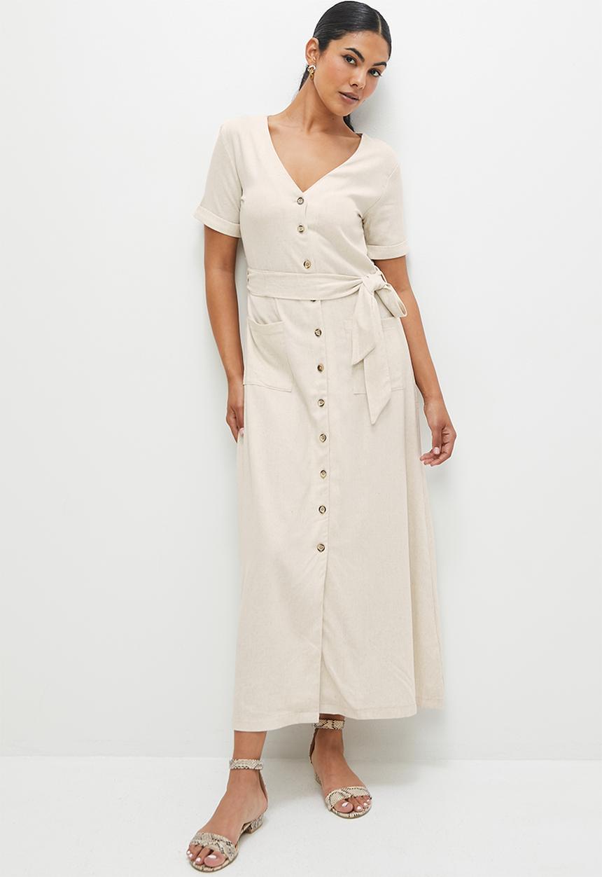 edit - Button down linen fit & flare midi dress - natural