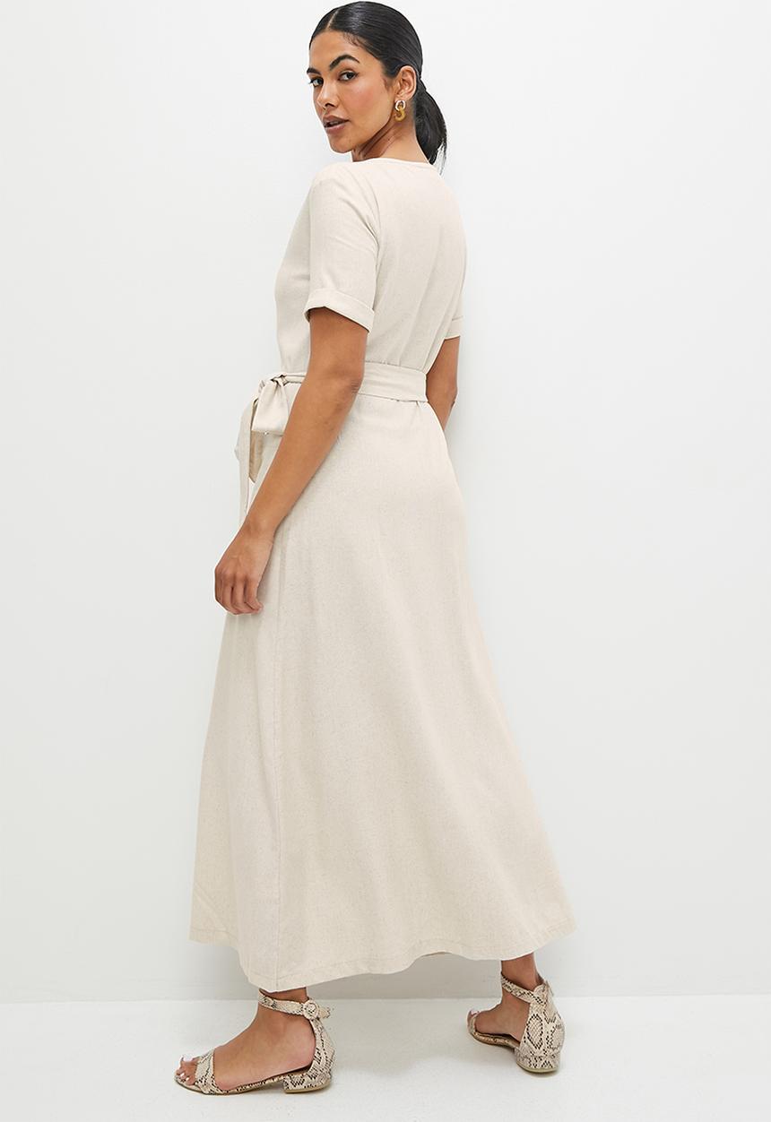 edit - Button down linen fit & flare midi dress - natural