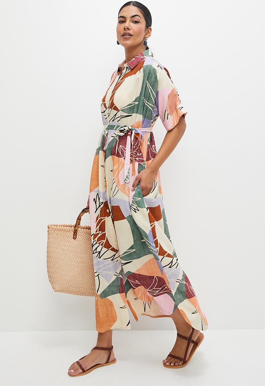 edit - Grown on sleeve shirt dress - multi cutout tropical