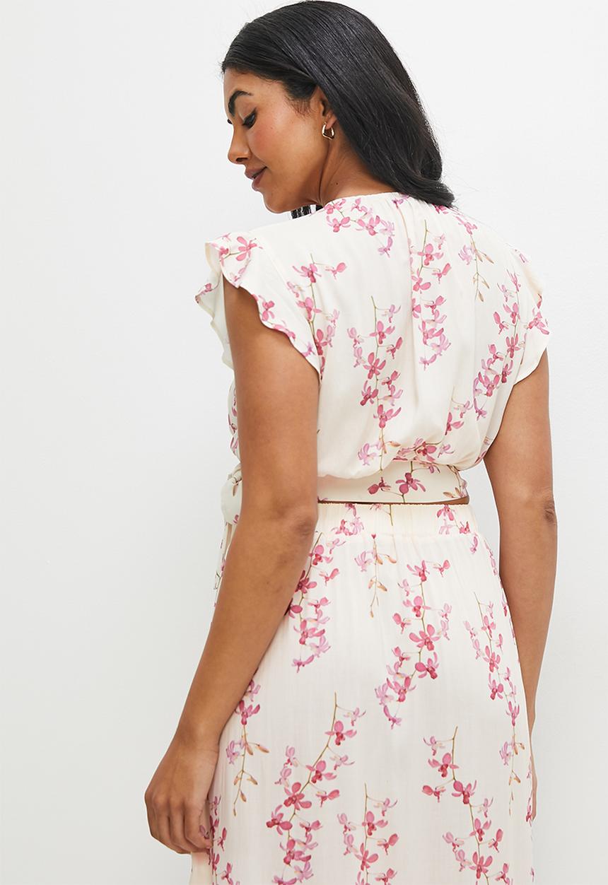 MILLA - Co ord wrap front top - pink spaced orchards