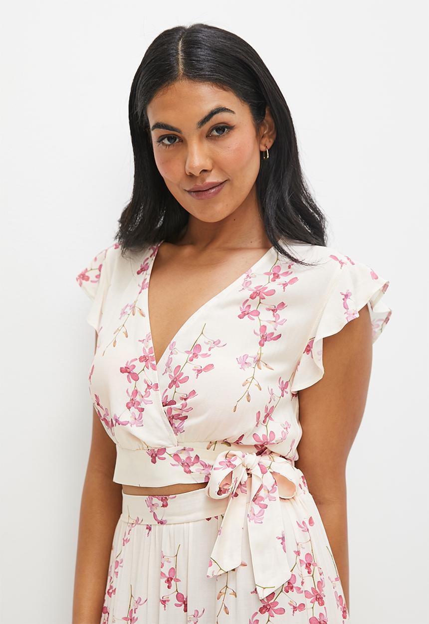 MILLA - Co ord wrap front top - pink spaced orchards