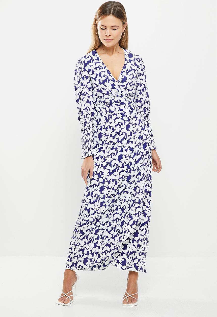 Glamorous - Block floral v-neck printed dress - blue 