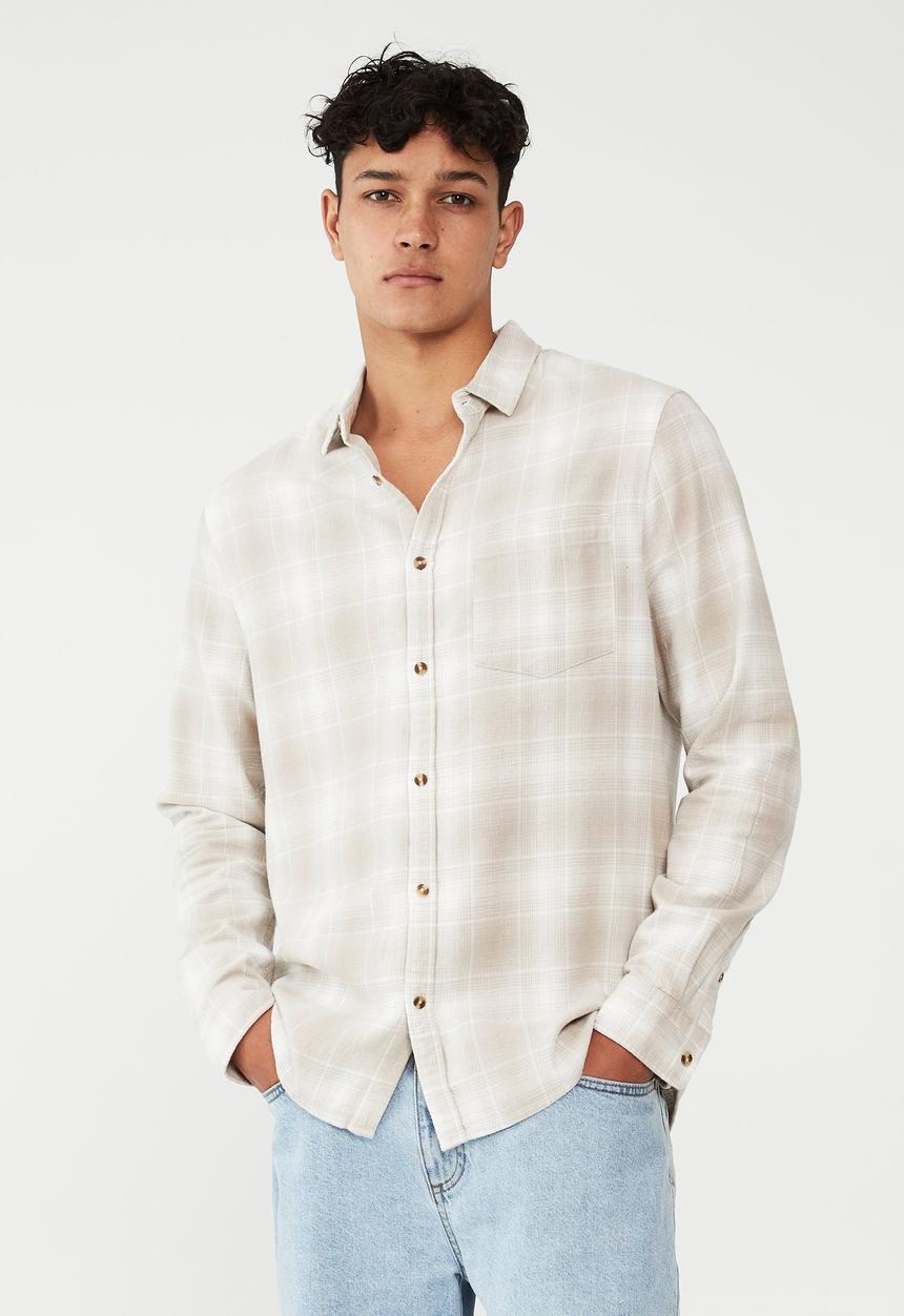 Cotton On - Camden long sleeve shirt - stone ombre check
