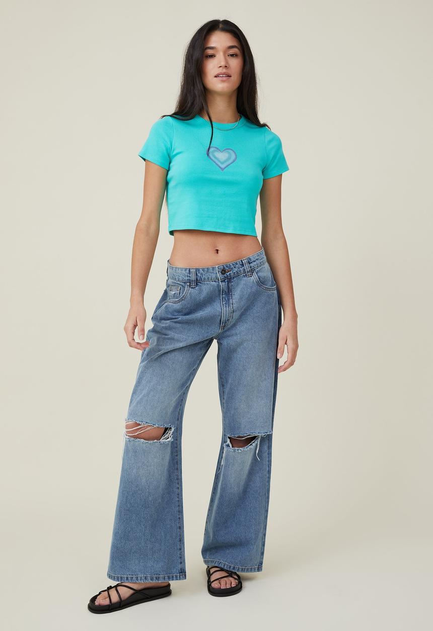 Cotton On - Micro fit rib graphic tee - blue heart/sprung torquise