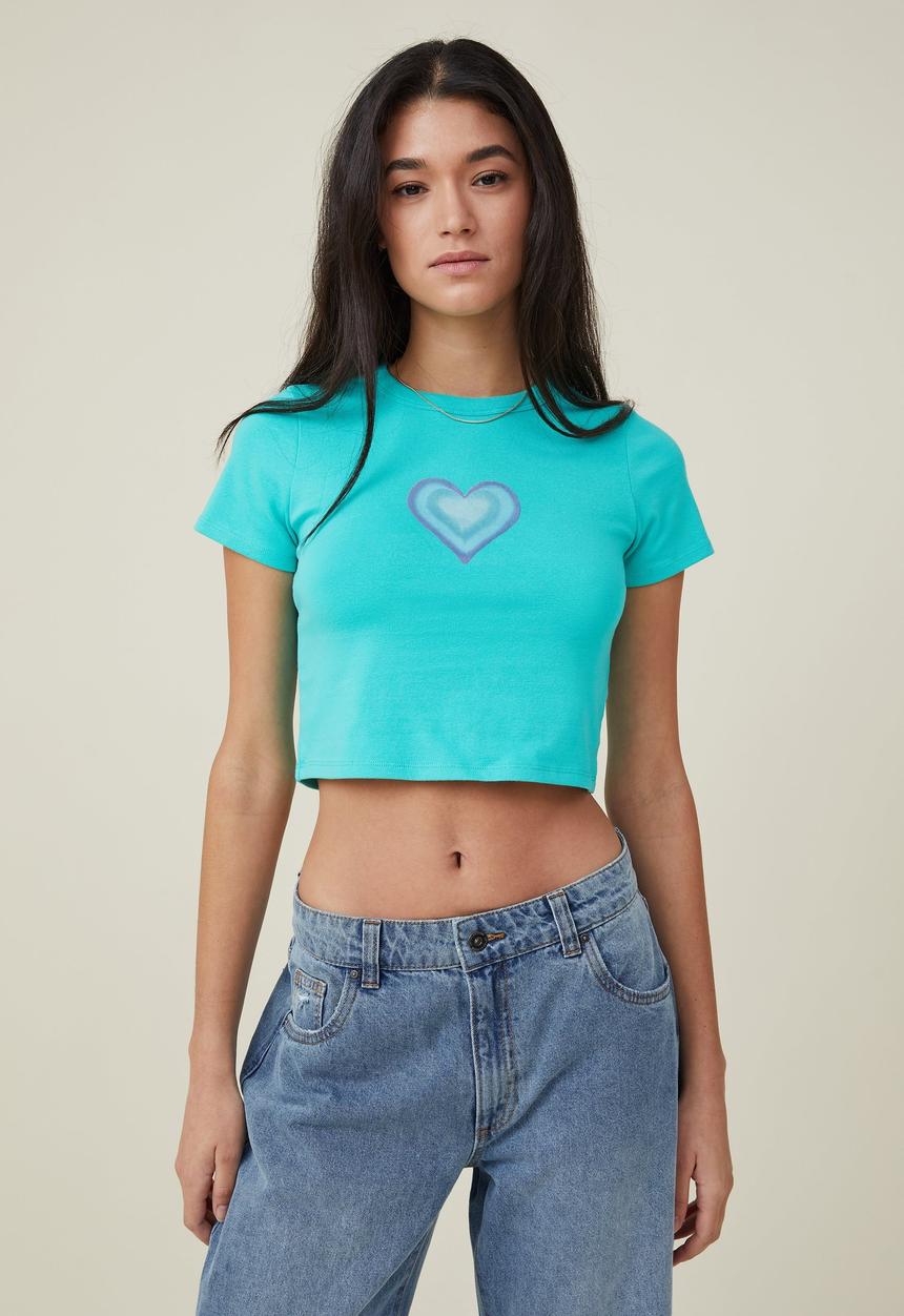 Cotton On - Micro fit rib graphic tee - blue heart/sprung torquise