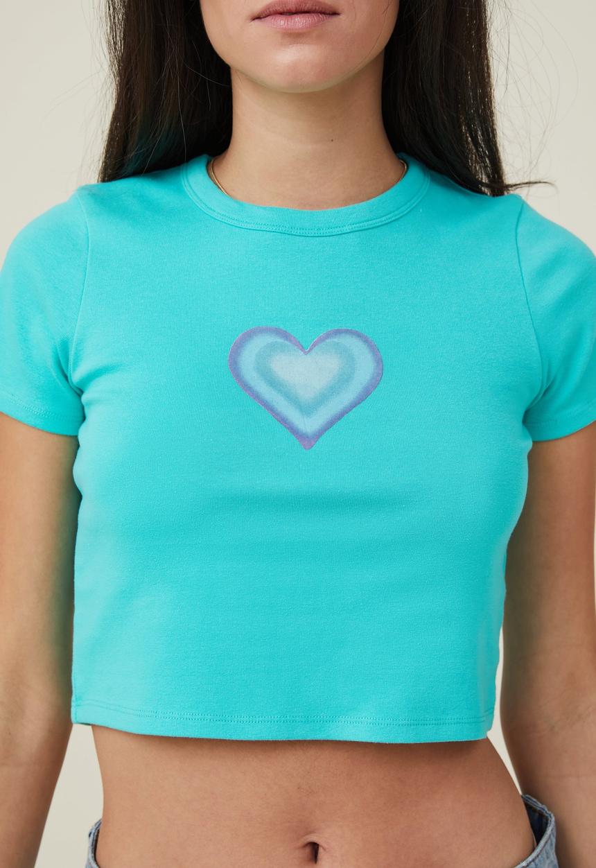 Cotton On - Micro fit rib graphic tee - blue heart/sprung torquise