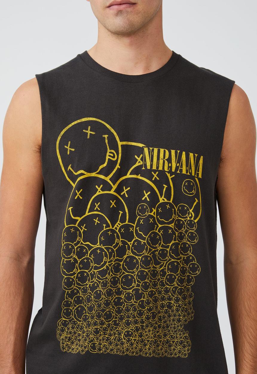 Cotton On - Tbar collab muscle - lcn mt washed black/nirvana - smiley repeat