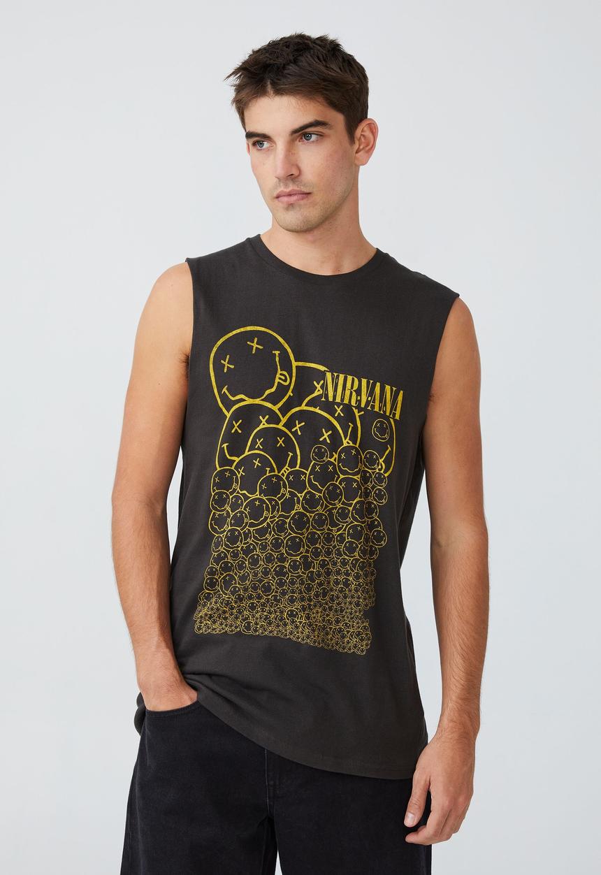 Cotton On - Tbar collab muscle - lcn mt washed black/nirvana - smiley repeat