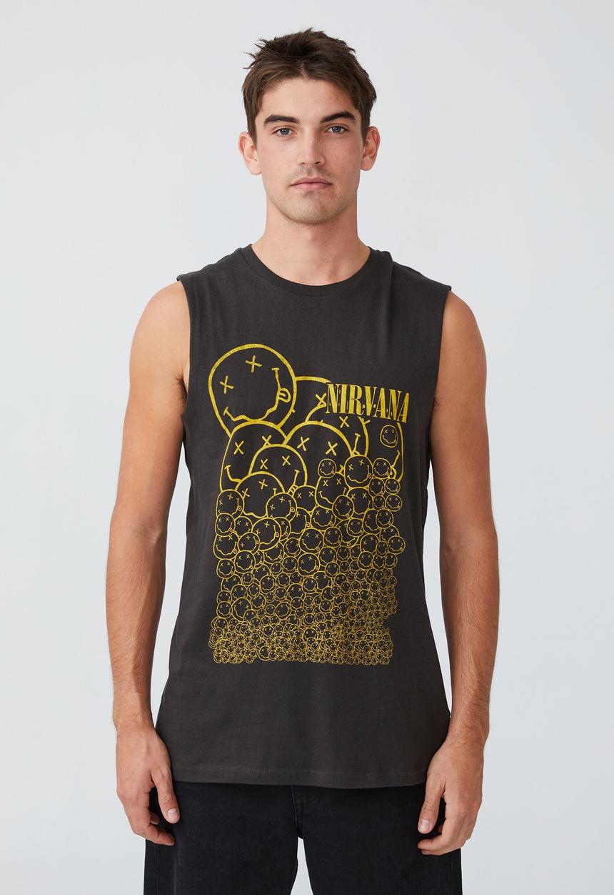 Cotton On - Tbar collab muscle - lcn mt washed black/nirvana - smiley repeat