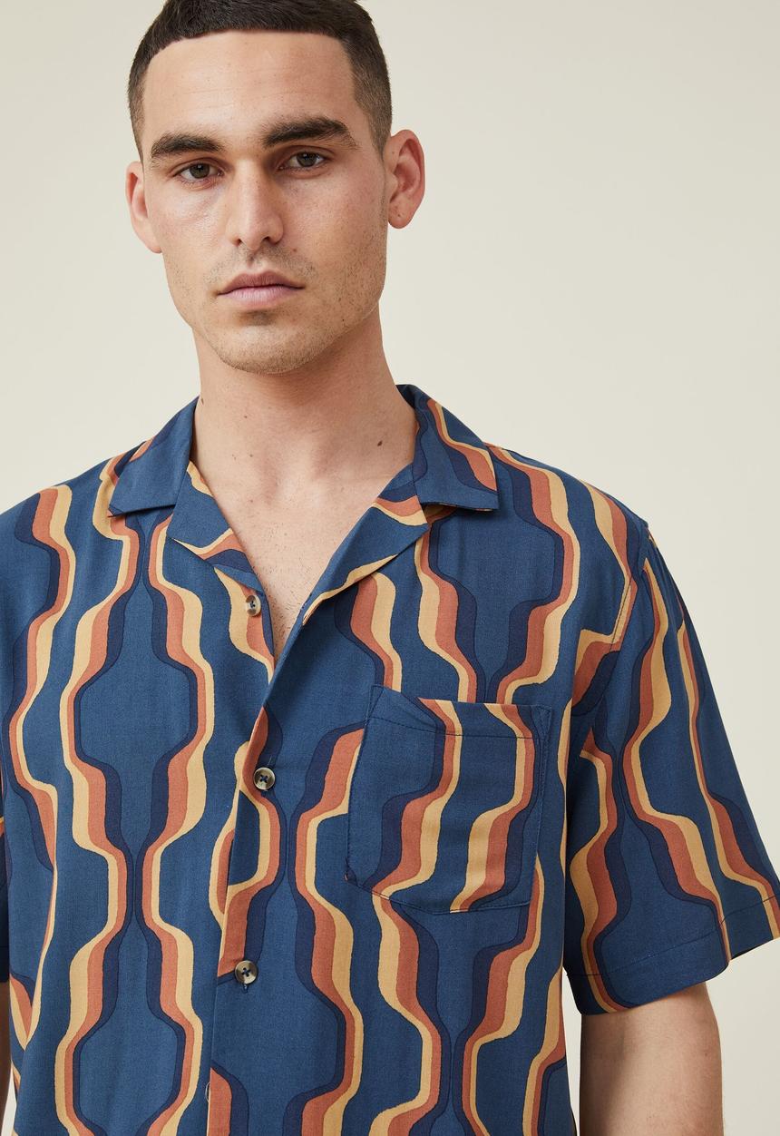 Cotton On - Riviera short sleeve shirt - navy 70 s wallpaper