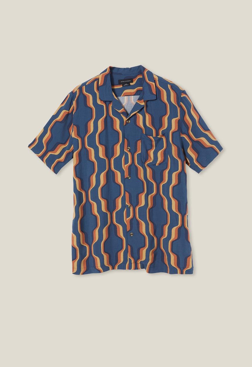 Cotton On - Riviera short sleeve shirt - navy 70 s wallpaper