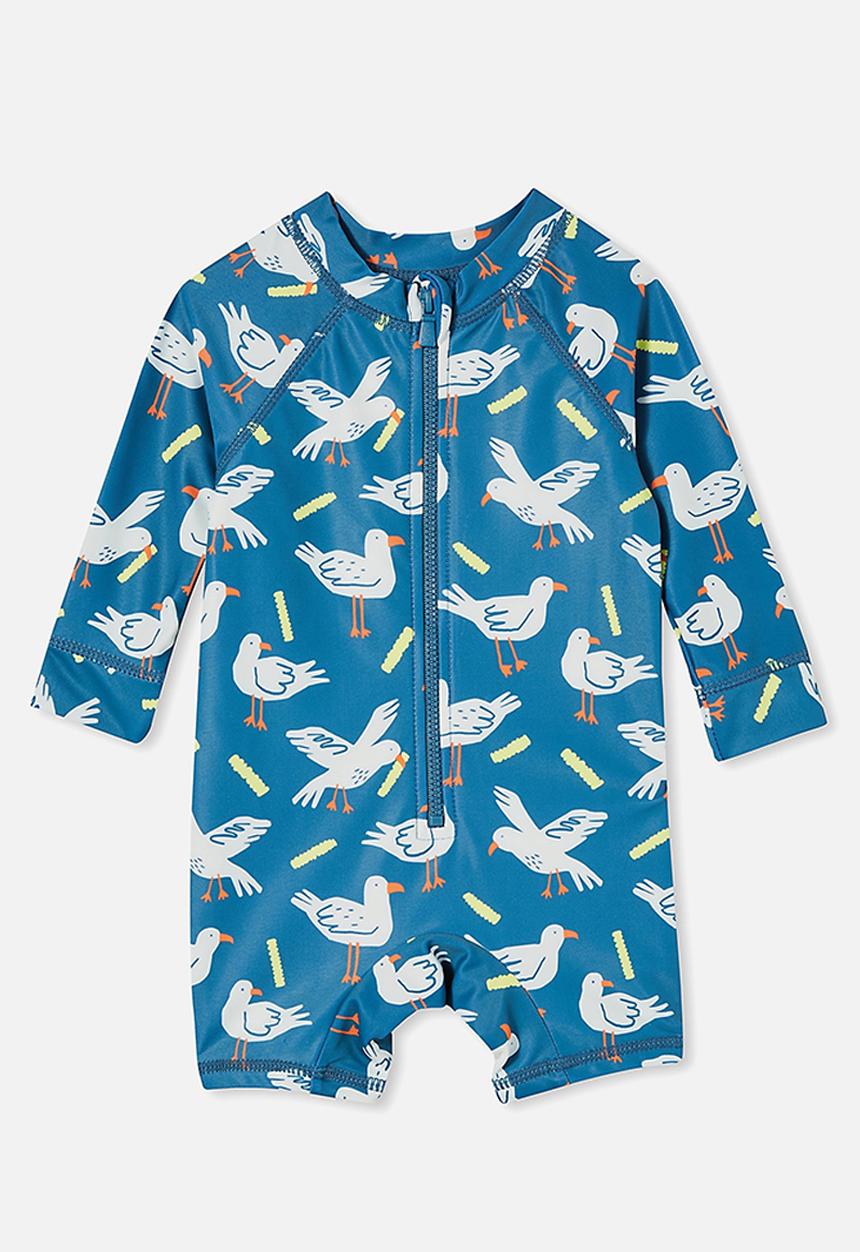 Cotton On - Cameron long sleeve swimsuit - petty blue/seagulls