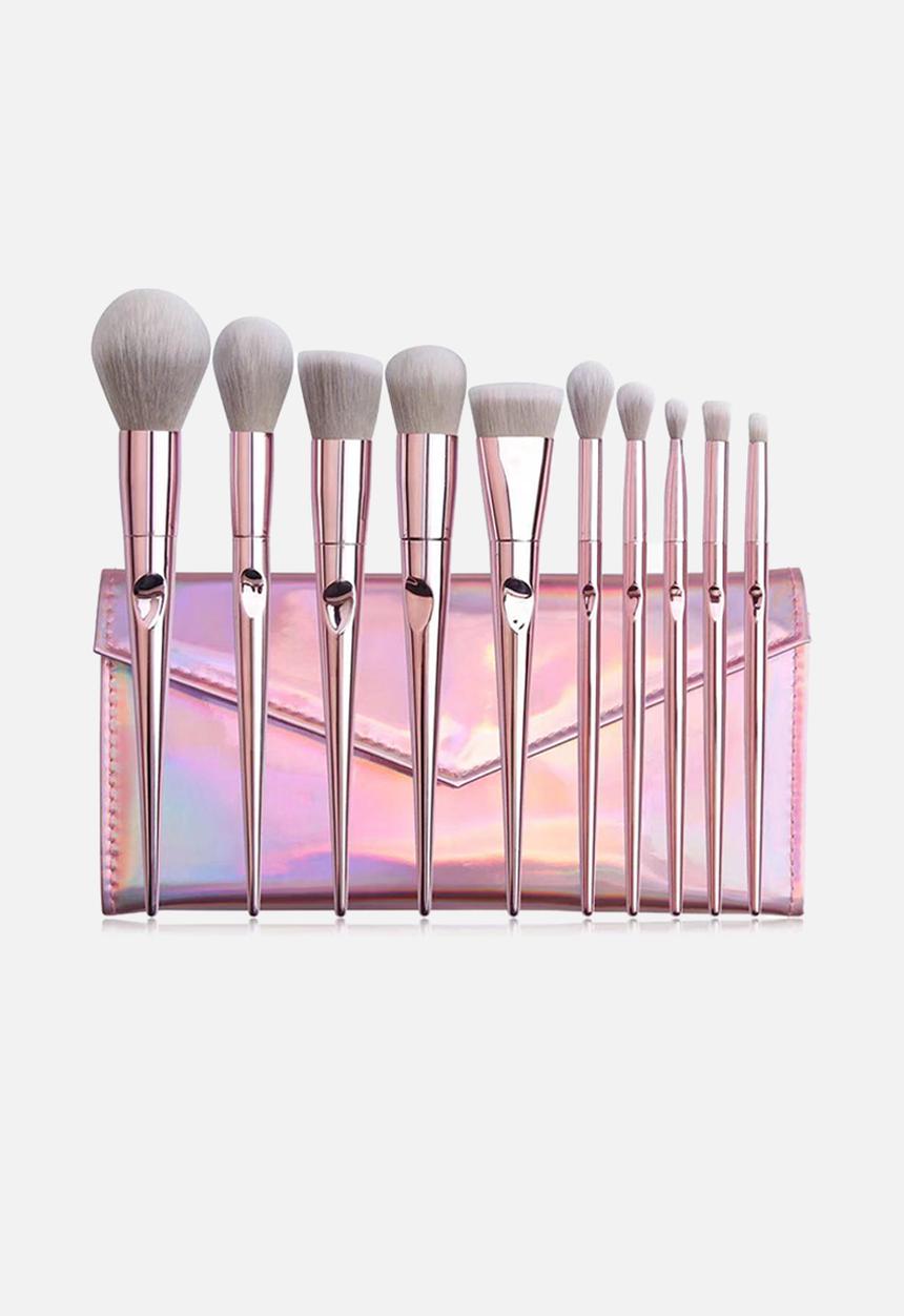 Glam Beauty - 10 Piece Shine Makeup Brush Set - Pink Metallic