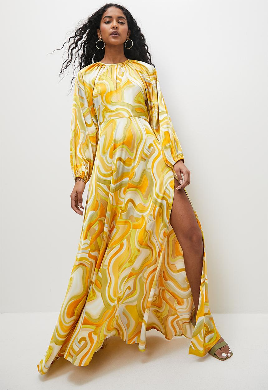VELVET - Printed satin empire baloon sleeve maxi - water colours