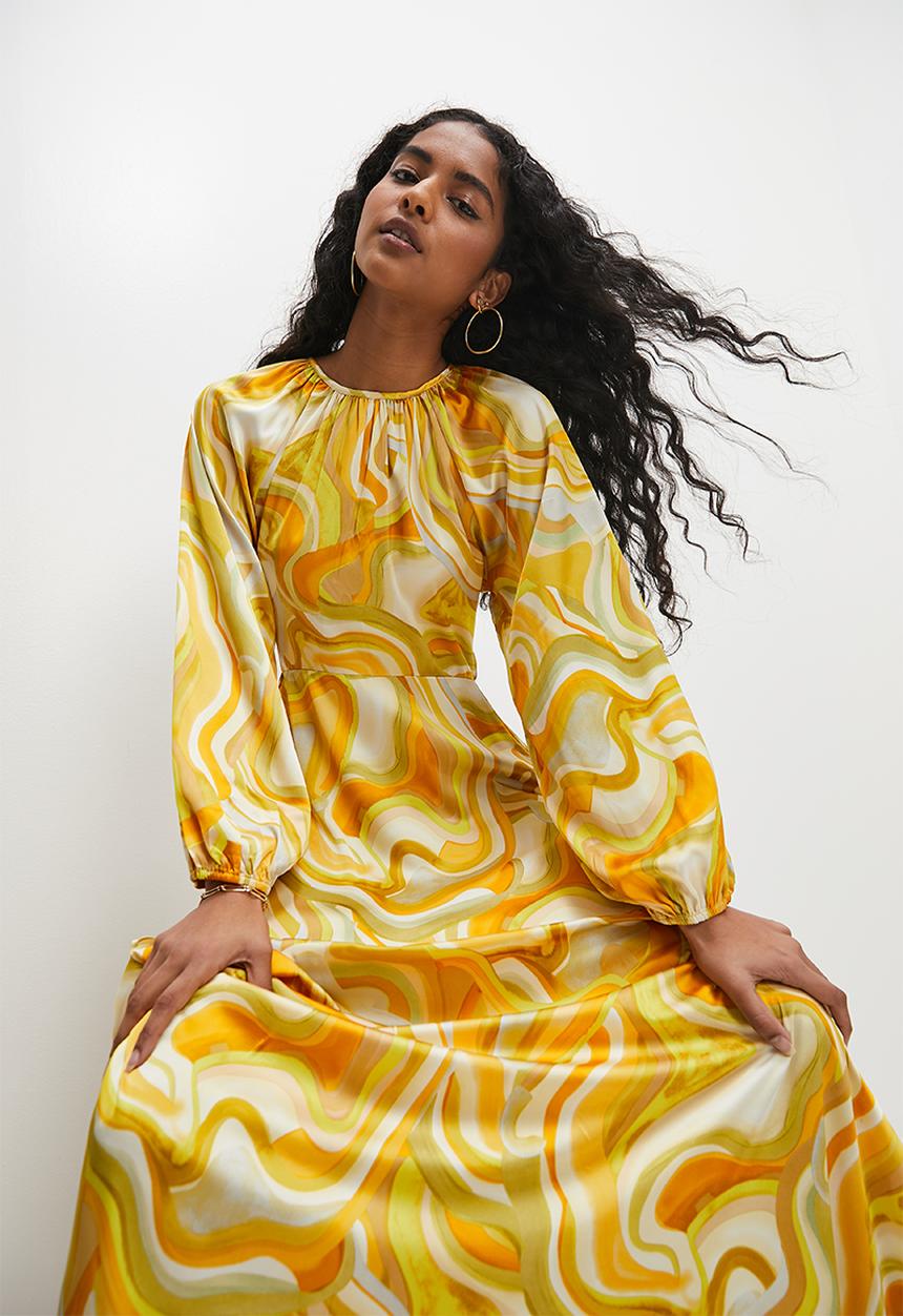 VELVET - Printed satin empire baloon sleeve maxi - water colours
