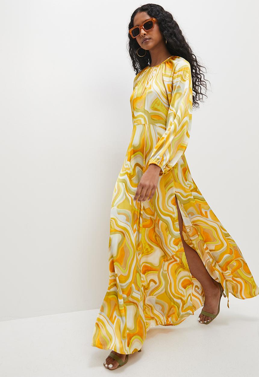 VELVET - Printed satin empire baloon sleeve maxi - water colours