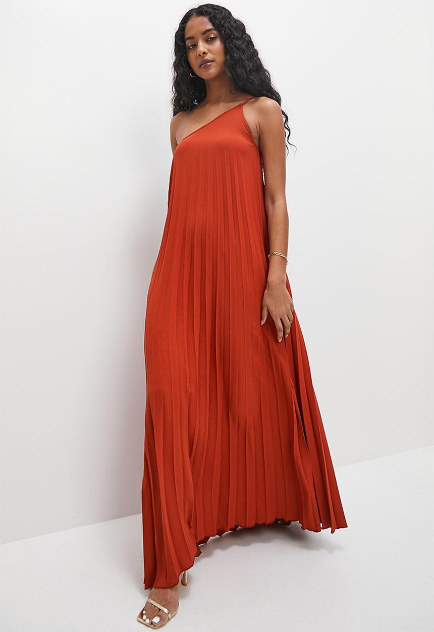 VELVET - Pleated asymmetric maxi dress - rust