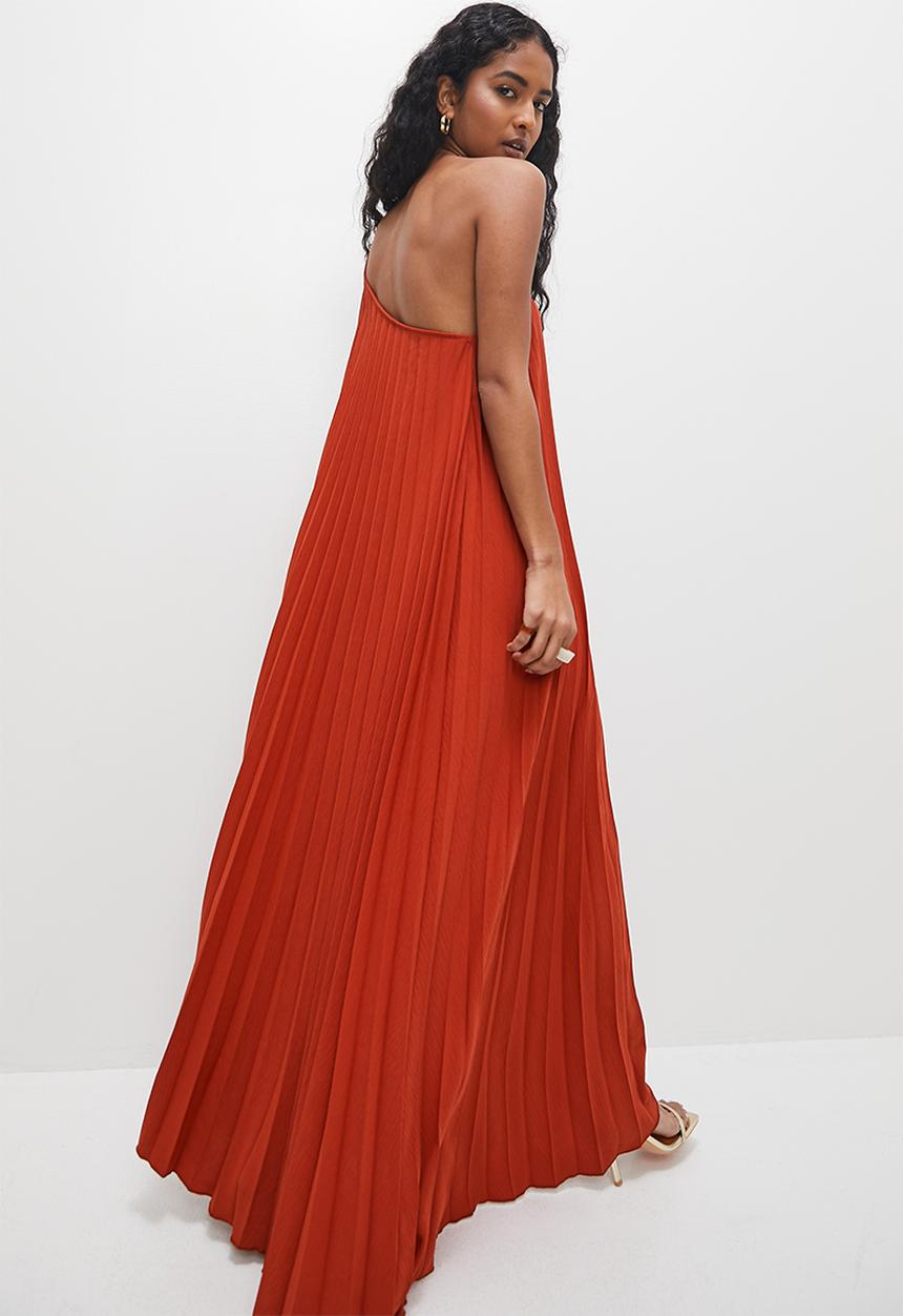 VELVET - Pleated asymmetric maxi dress - rust