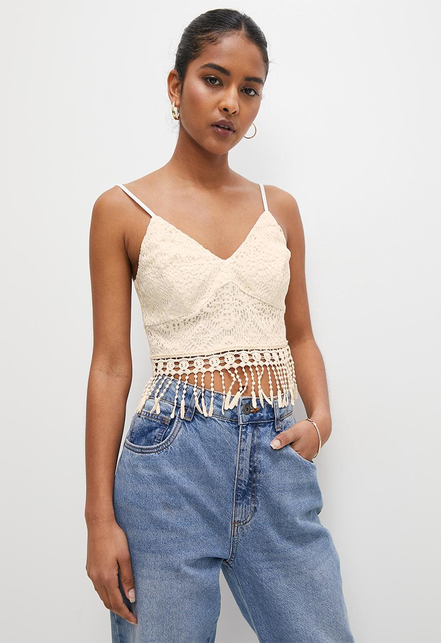 VELVET - Crochet cami with fringe hem - neutral