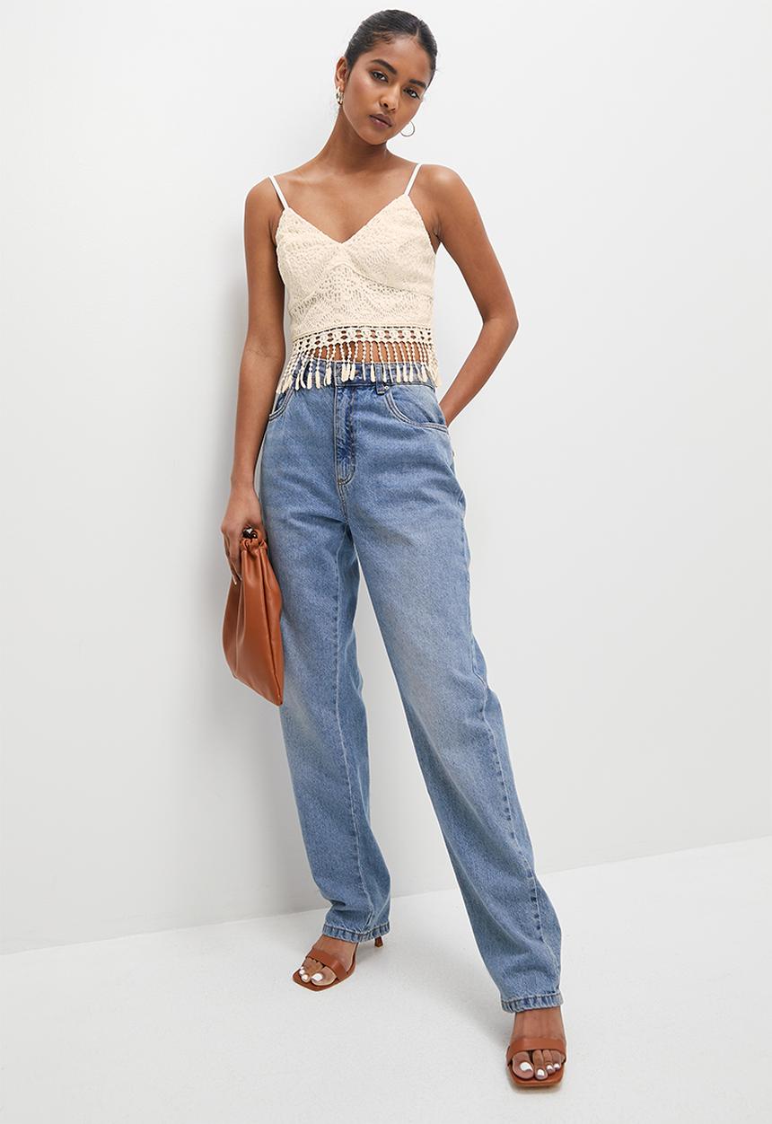 VELVET - Crochet cami with fringe hem - neutral