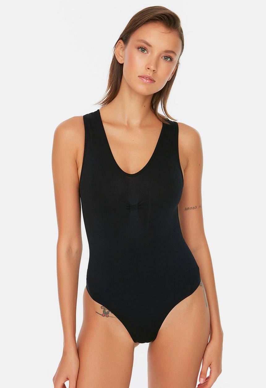 Trendyol - V-neck knit seamless bodysuit - black