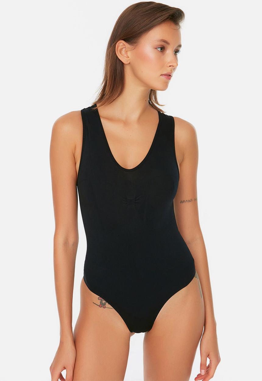 Trendyol - V-neck knit seamless bodysuit - black