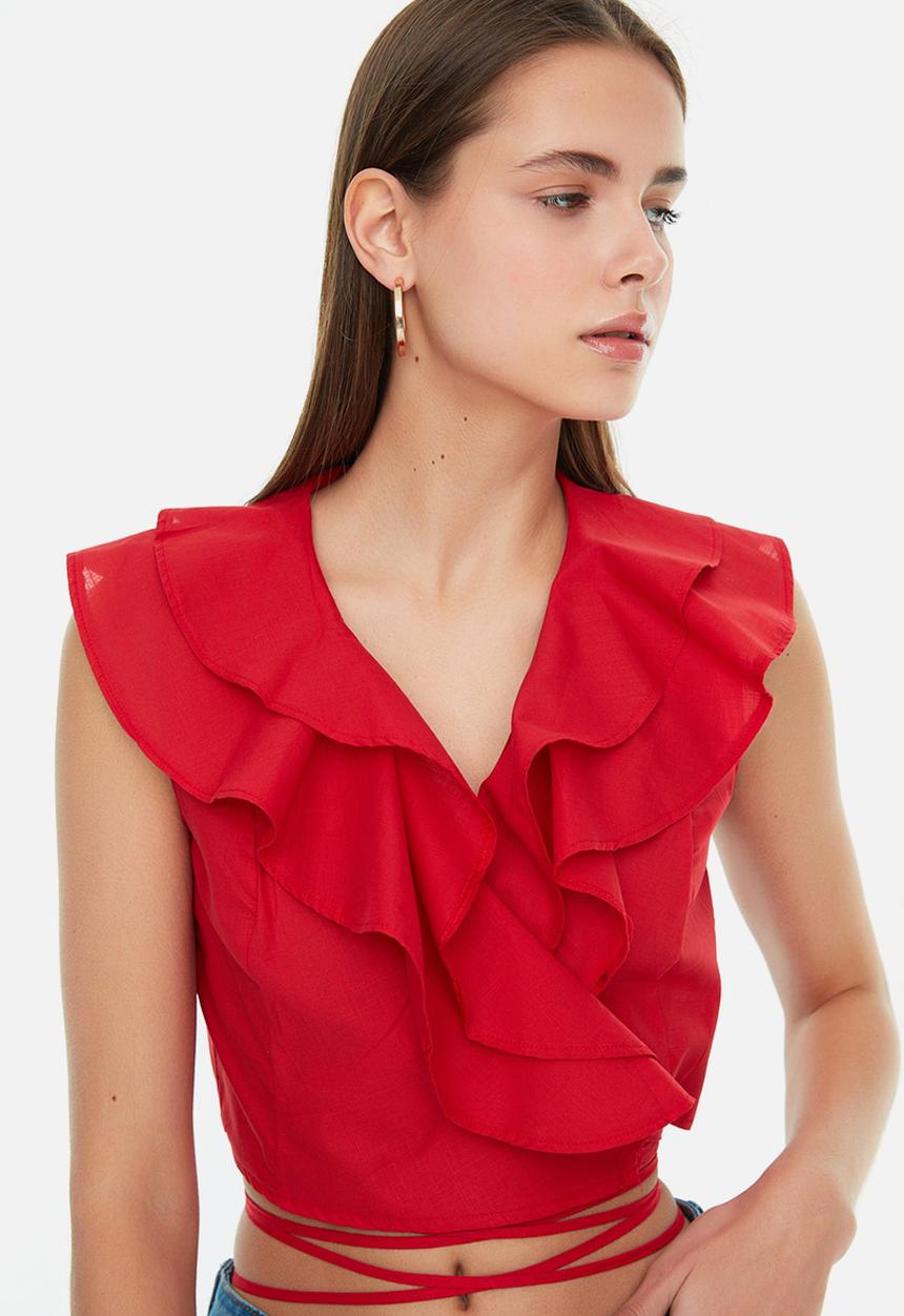 Trendyol - Ruffle detail crop top - red