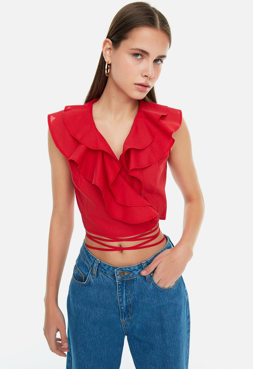 Trendyol - Ruffle detail crop top - red