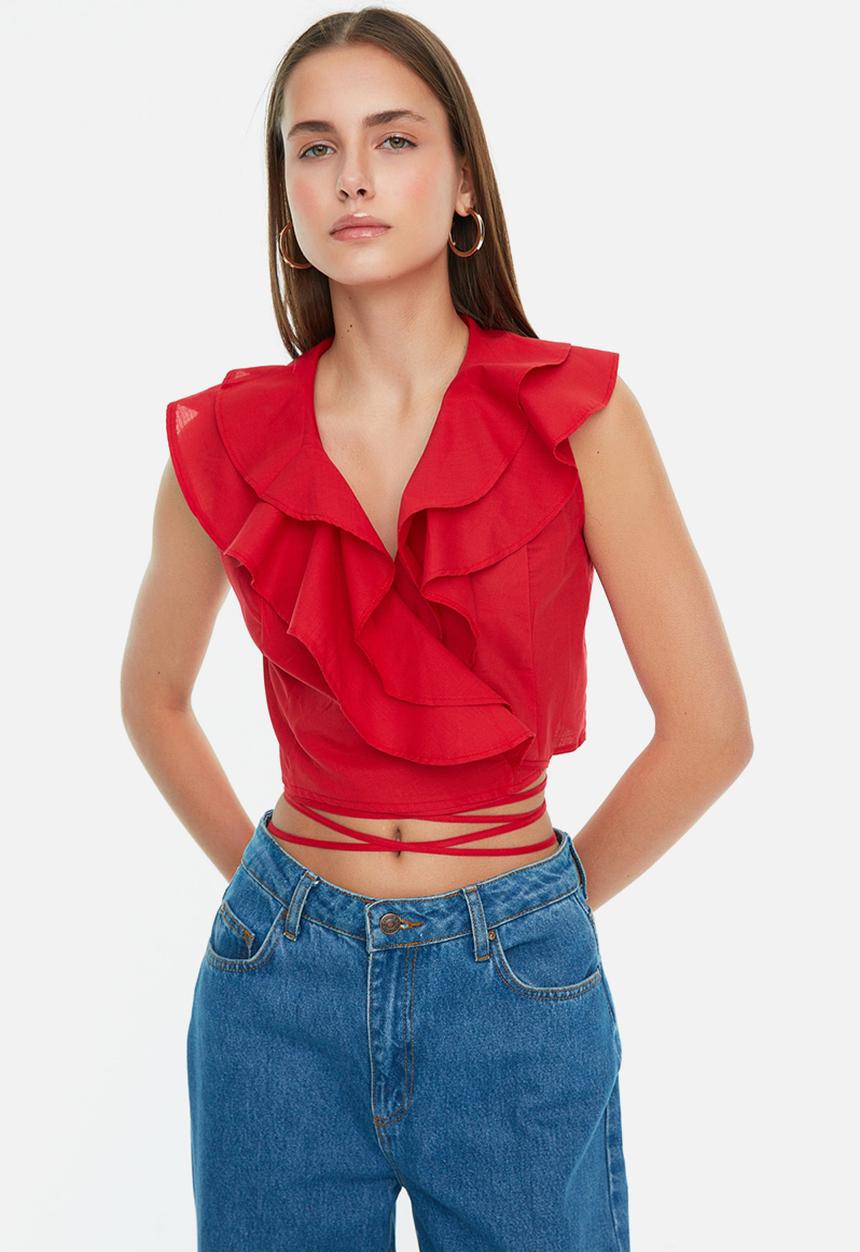 Trendyol - Ruffle detail crop top - red