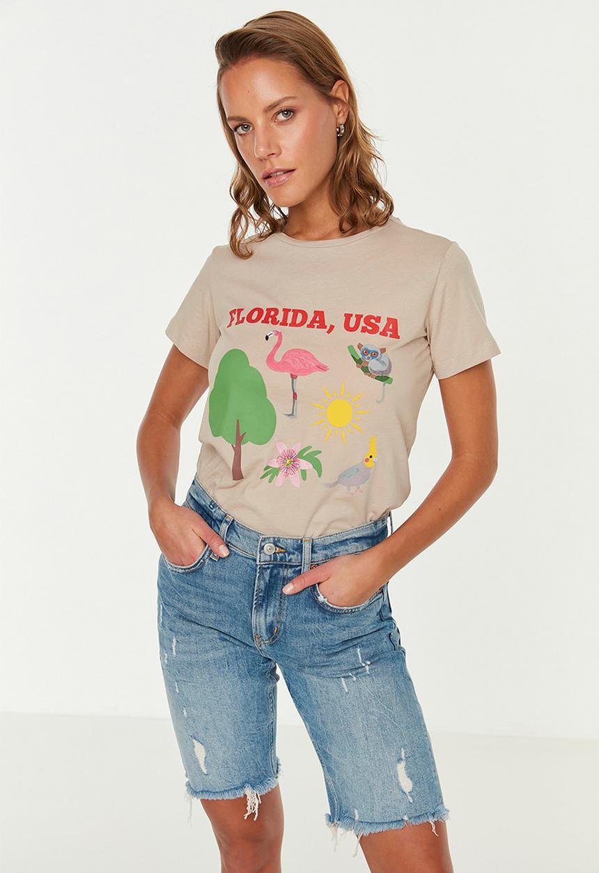 Trendyol - Printed basic knit t-shirt - beige