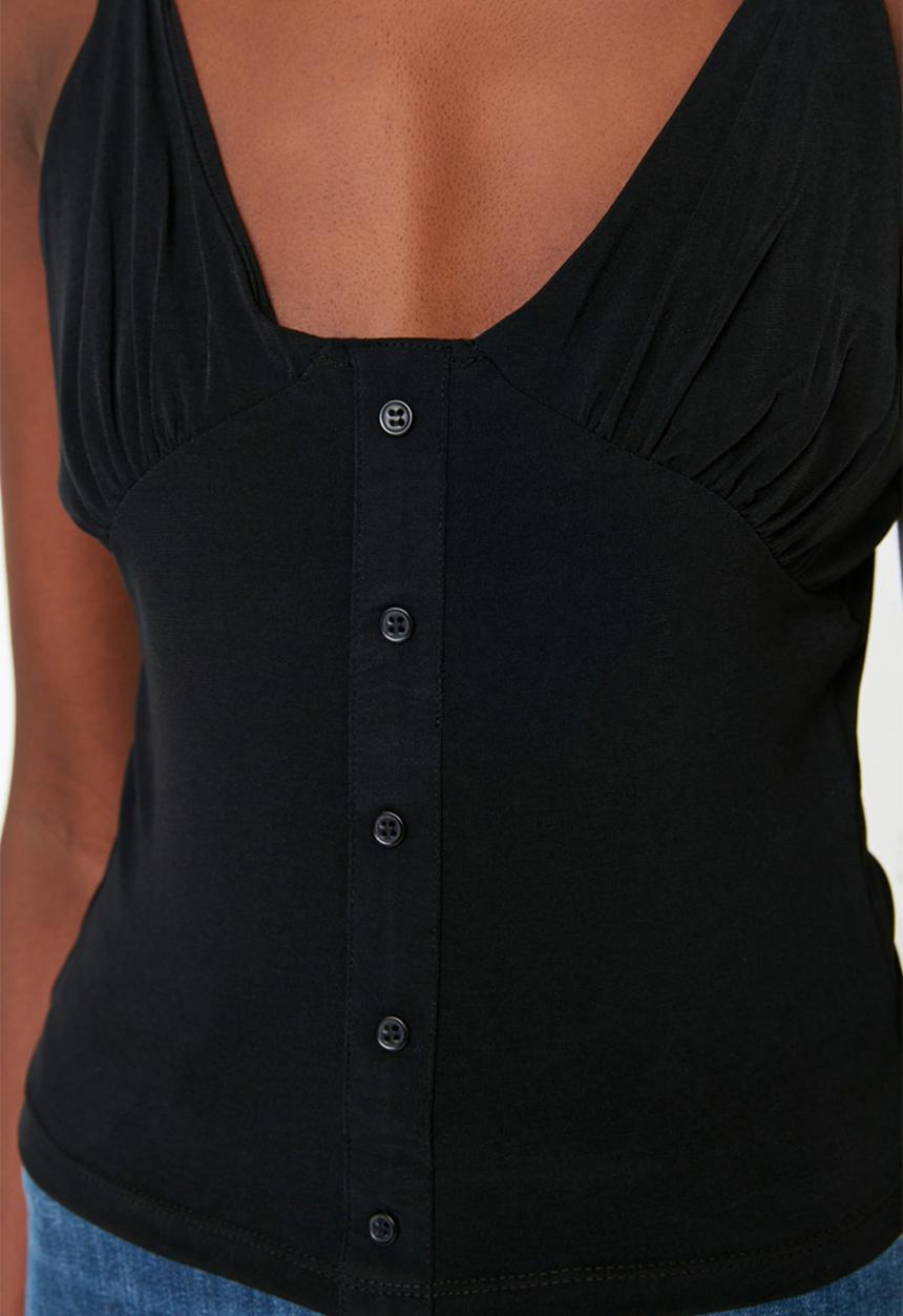 Trendyol - V neck button detail top - black