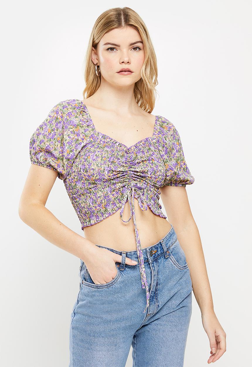 dailyfriday - Tie detail puff sleeve top - purple ditsy