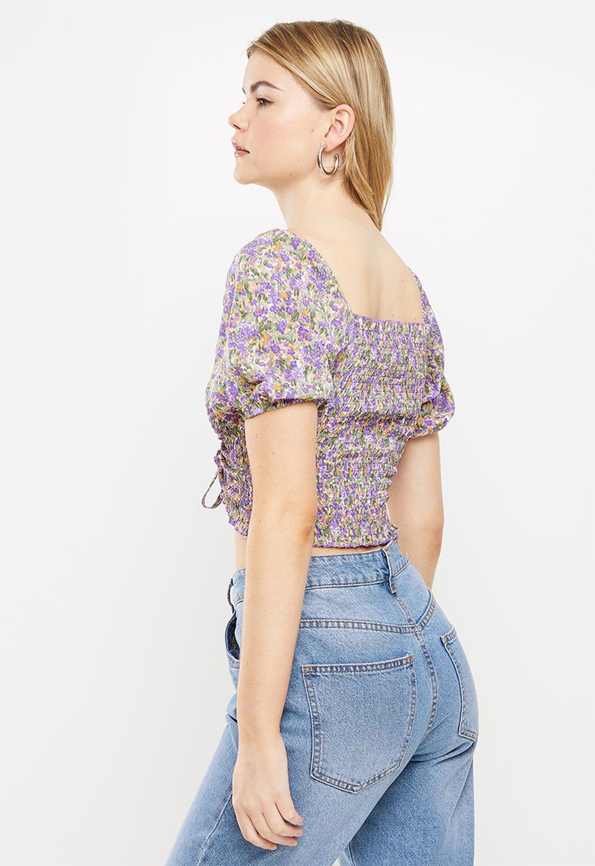 dailyfriday - Tie detail puff sleeve top - purple ditsy