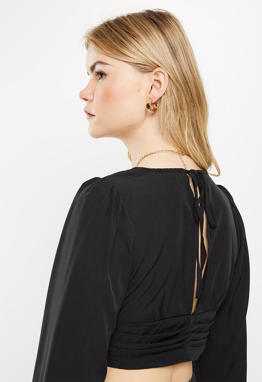 dailyfriday - Long sleeve puff crop blouse - black
