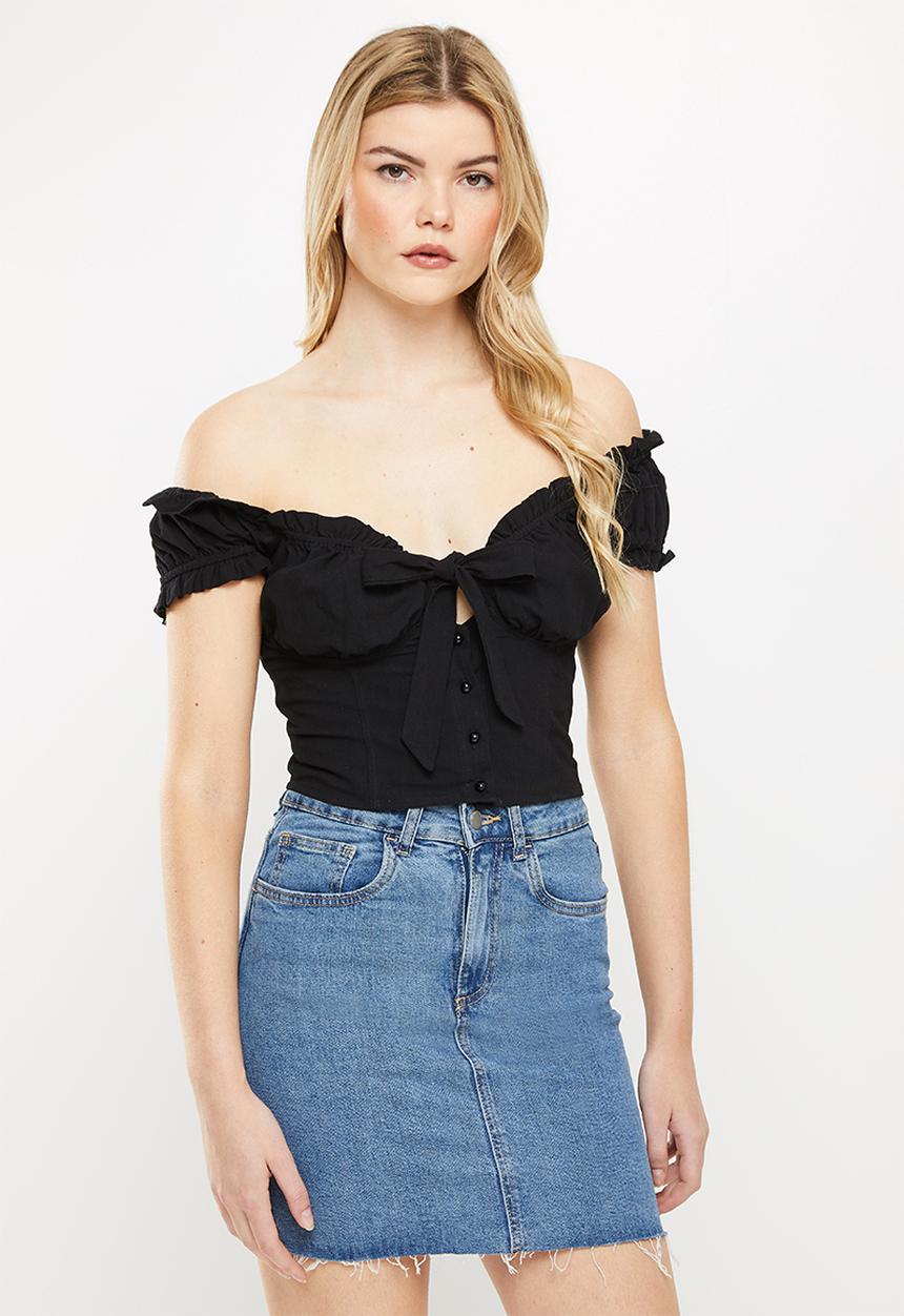 dailyfriday - Tie detail puff sleeve top - black
