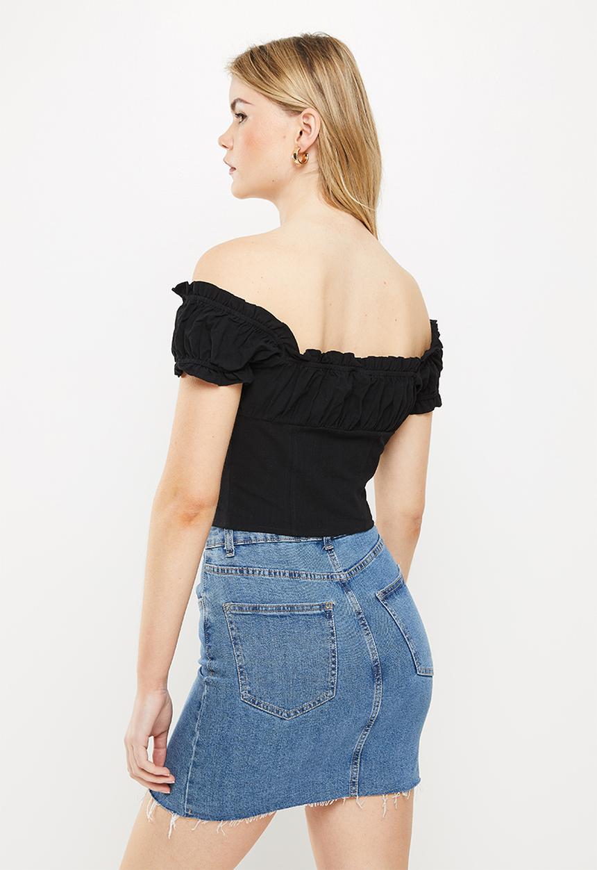 dailyfriday - Tie detail puff sleeve top - black