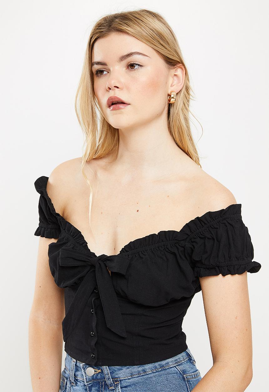 dailyfriday - Tie detail puff sleeve top - black