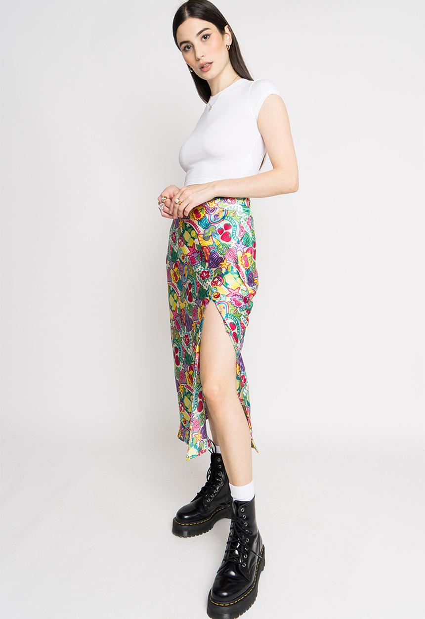 Daisy Street - Satin midi skirt - badge print