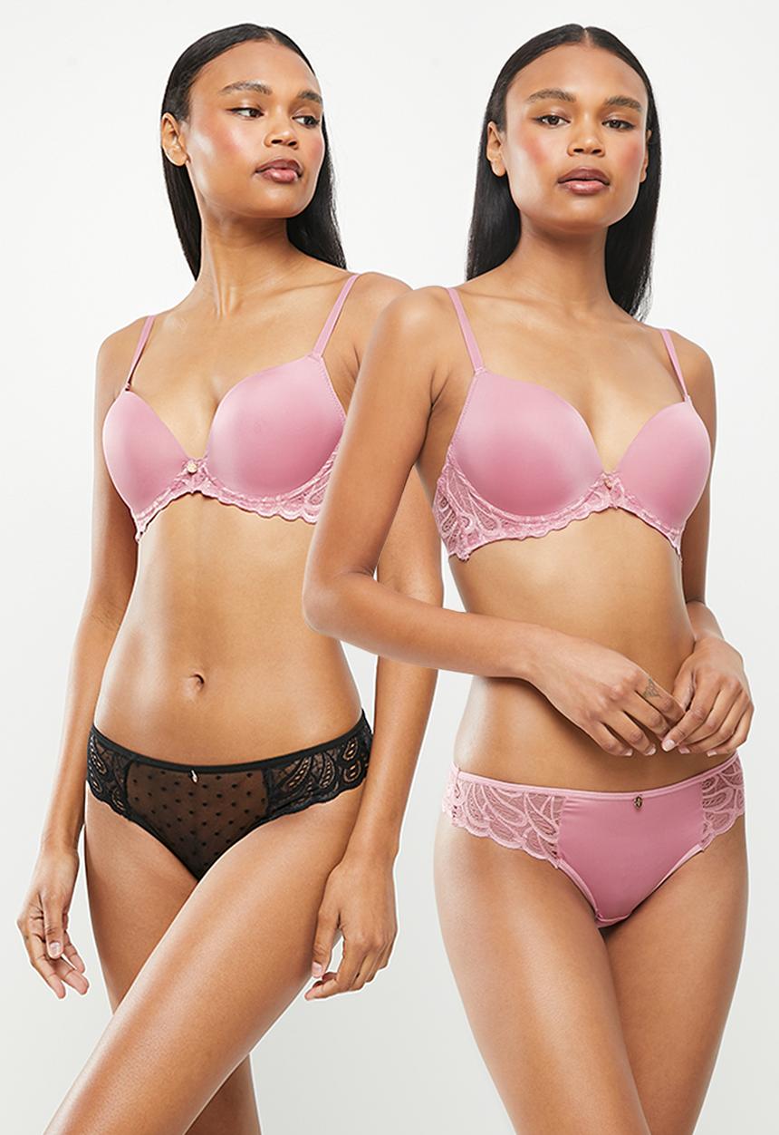 KANGOL - 2pk dobby mesh mf combo lace thong - dusty pink & black