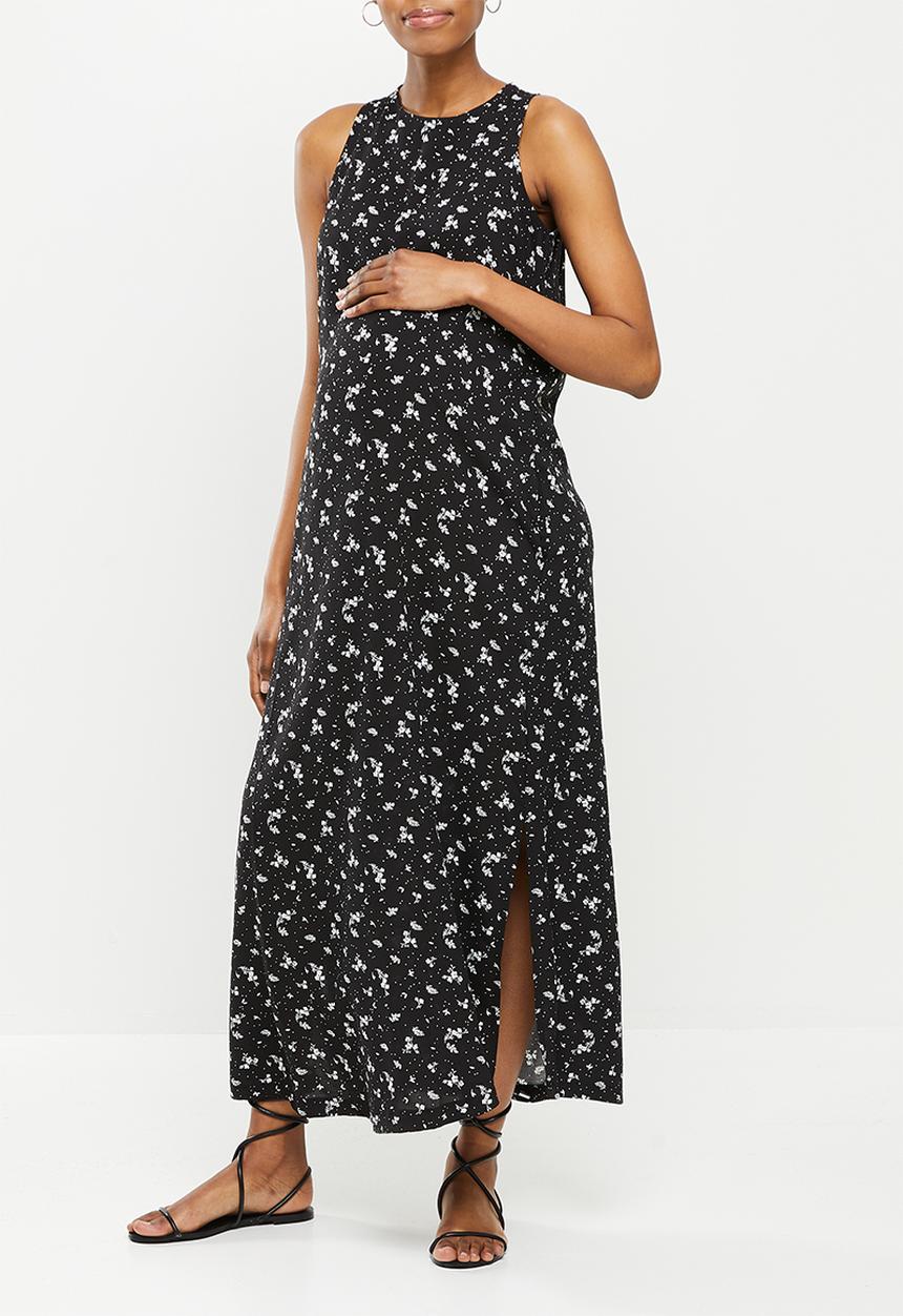 edit Maternity - Maternity highneck trapeze dress - black based spot floral